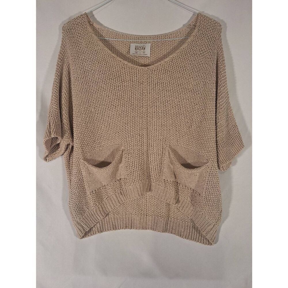 Brand Bazar Womens Tan Short Sleeve Throwback‎ Crochet 2 Pocket Top OS